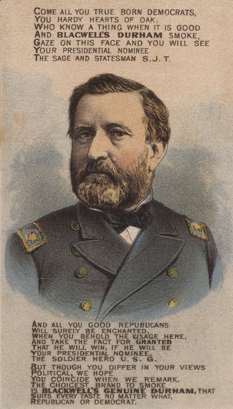 Den amerikanske soldaten och politikern Ulysses S Grant, handelskort som annonserade Blackwell Durham Bull Tobacco, 1870-talet av American School