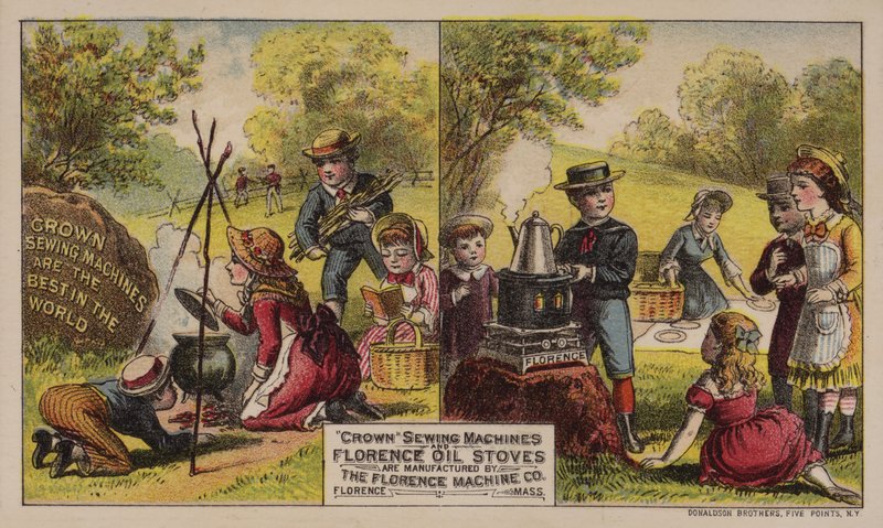 Amerikanska reklamsymaskiner och oljekaminer tillverkade av Florence Machine Company, Massachusetts, c1880-talet av American School