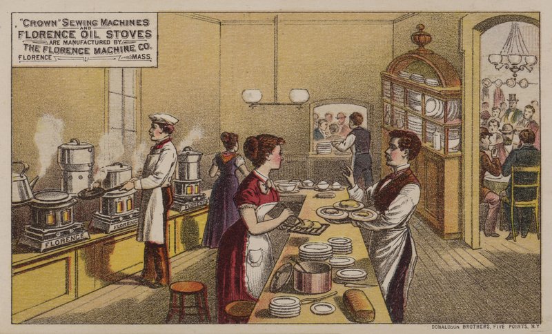 Amerikanska reklamsymaskiner och oljekaminer tillverkade av Florence Machine Company, Massachusetts, c1880-talet av American School