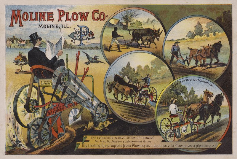 Amerikanskt handelskort som annonserar Moline Plough Company, Illinois, c1880-talet av American School