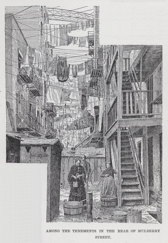 Bland hyreshusen på baksidan av Mulberry Street (litho) av American School