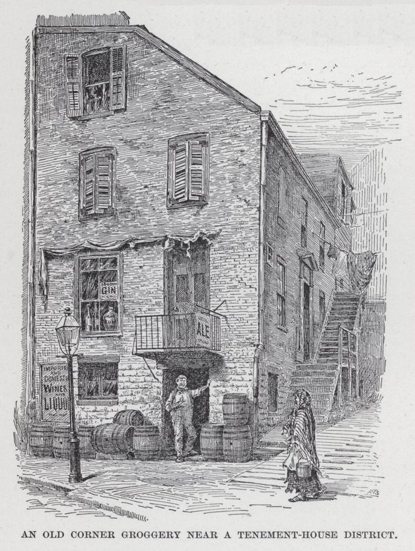 En gammal Corner Groggery nära ett hyreshusdistrikt (litho) av American School