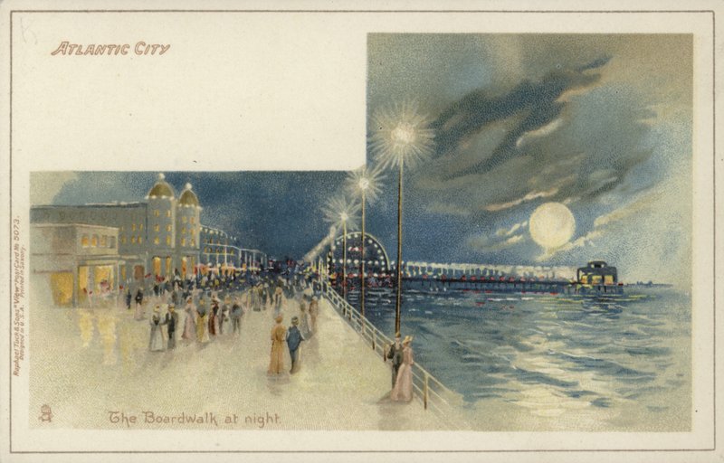 Atlantic City, The Boardwalk på natten (chromolitho) av American School