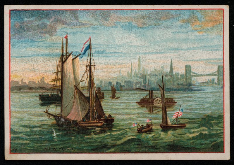 Båtar i New Yorks hamn, gratulationskort. (chromolitho) av American School