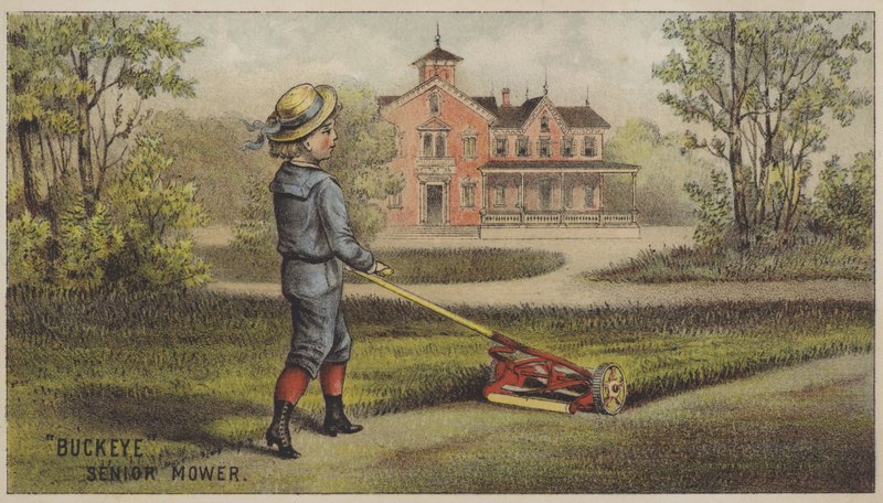 Pojke klipper gräs utanför hus på landet (chromolitho) av American School