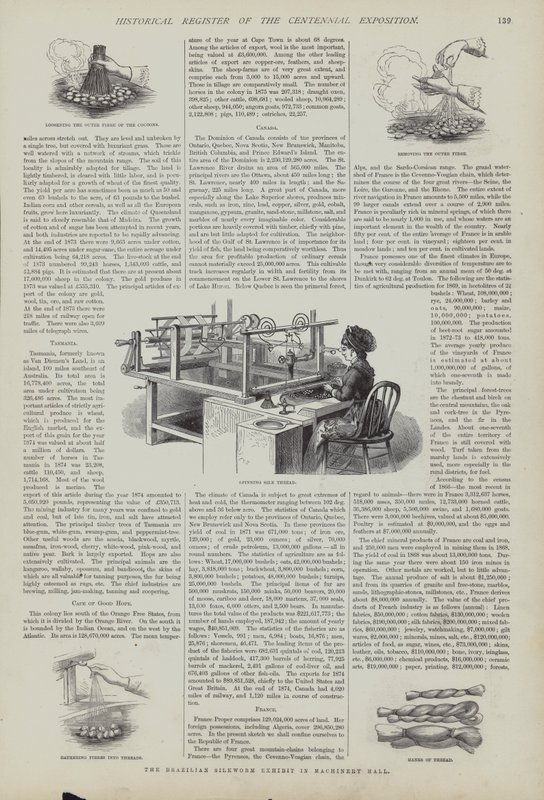 Brasiliansk silkesmaskutställning i Machinery Hall, Centennial Exposition, Philadelphia, Pennsylvania, USA av American School