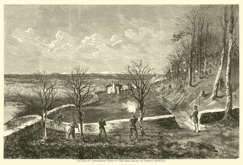 Capture of Confederate arbetar i Vita huset, på Lookout Mountain, november 1863 av American School