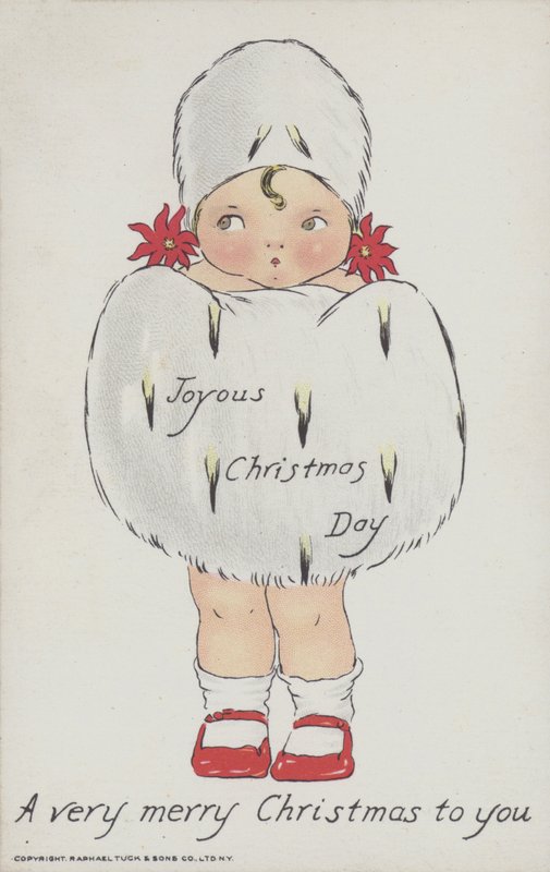 Julkort föreställande ett barn med en julig pälsmuff och mössa. (chromolitho) av American School