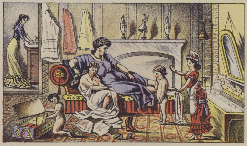 Klassiska karaktärer i moderna hem, reklam tvål (chromolitho) av American School