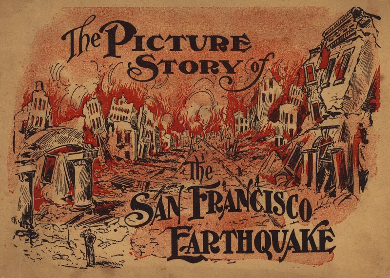 Omslagsillustration till The Picture Story of the San Francisco Earthquake (färglitografi) av American School