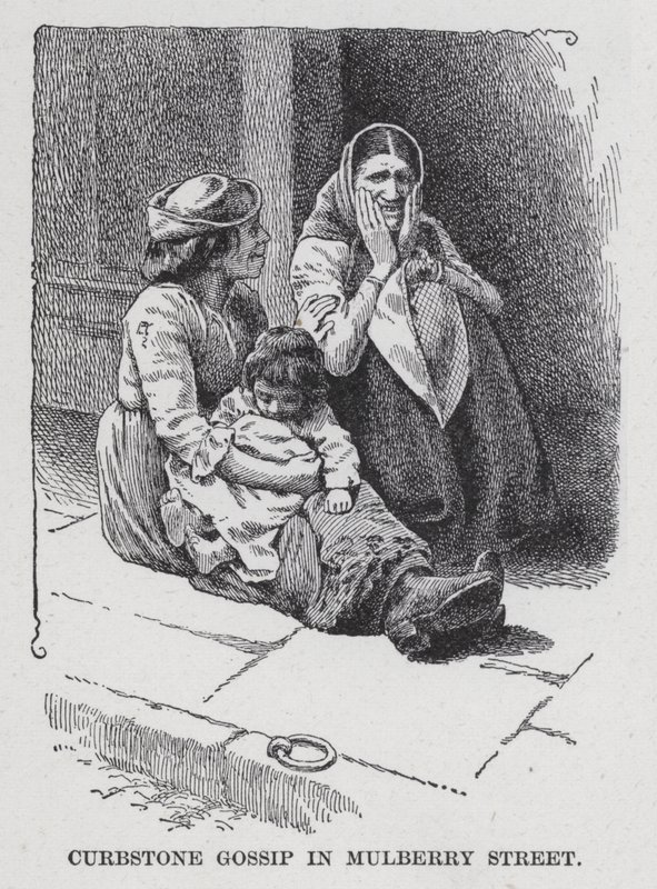 Curbstone Gossip i Mulberry Street (litho) av American School