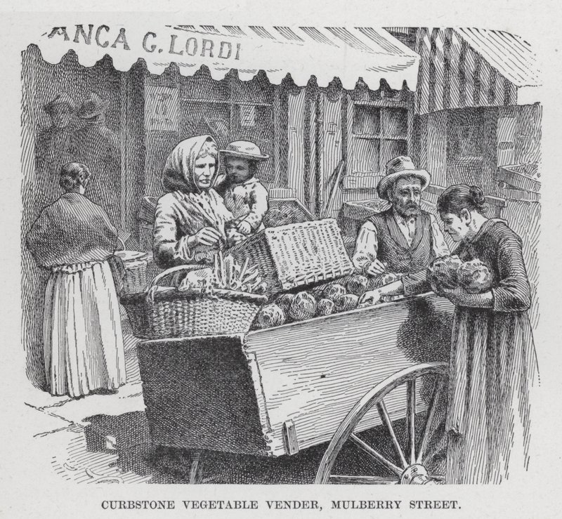 Grönsaksförsäljare av kantsten, Mulberry Street (litho) av American School