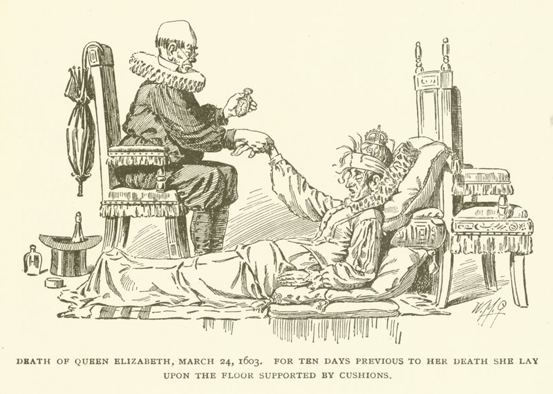 Drottning Elizabeths död, 24 mars 1603, i tio dagar före sin död låg hon på golvet stödd av kuddar av American School