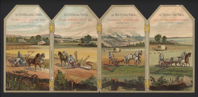 Deering jordbruksmaskiner (färg litho) av American School
