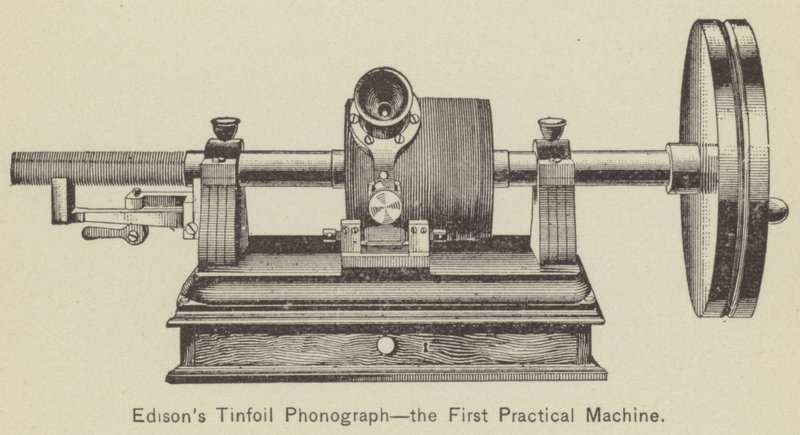 Edisons Tinfoil Phonograph, den första praktiska maskinen (gravyr) av American School
