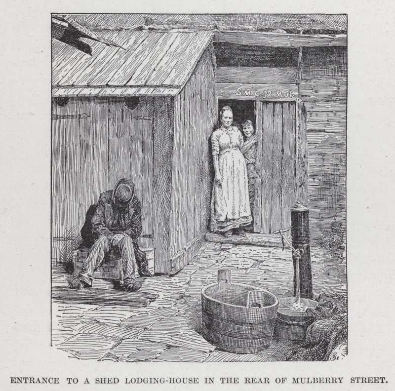 Ingång till ett skjul-hus på baksidan av Mulberry Street (litho) av American School