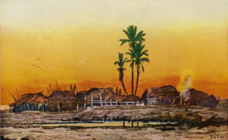 Kväll i en arabisk by (färg litho) av American School