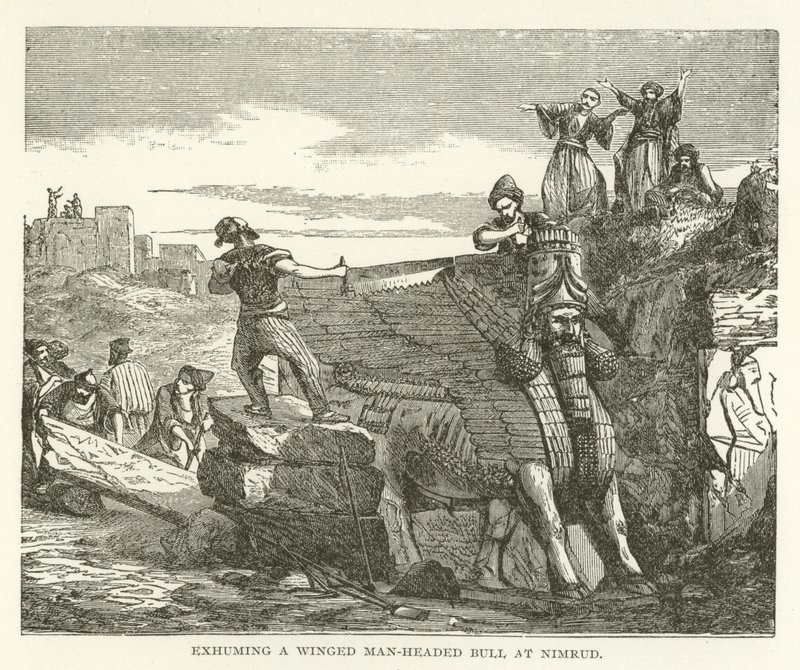 Gräver upp en bevingad manshövdad tjur vid Nimrud av American School