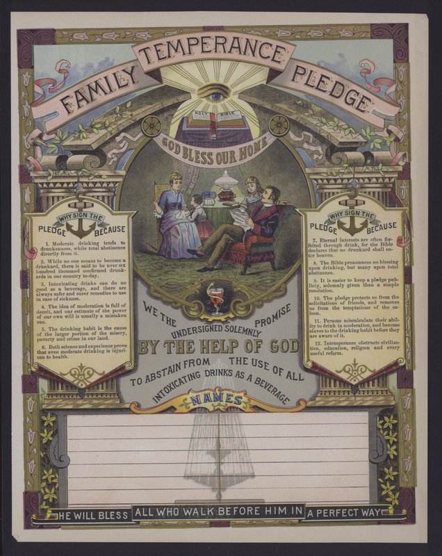 Familjens nykterhetslöfte (färgad gravyr) av American School