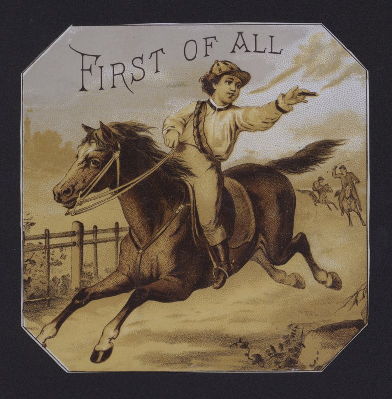Först av allt, cigarretikett (chromolitho) av American School