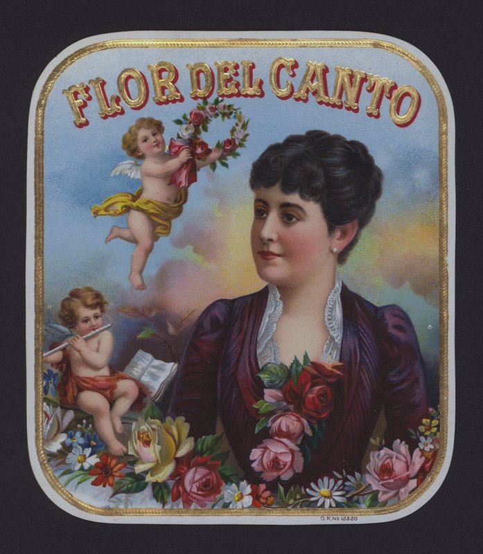 Flor del Canto, cigarretikett (chromolitho) av American School