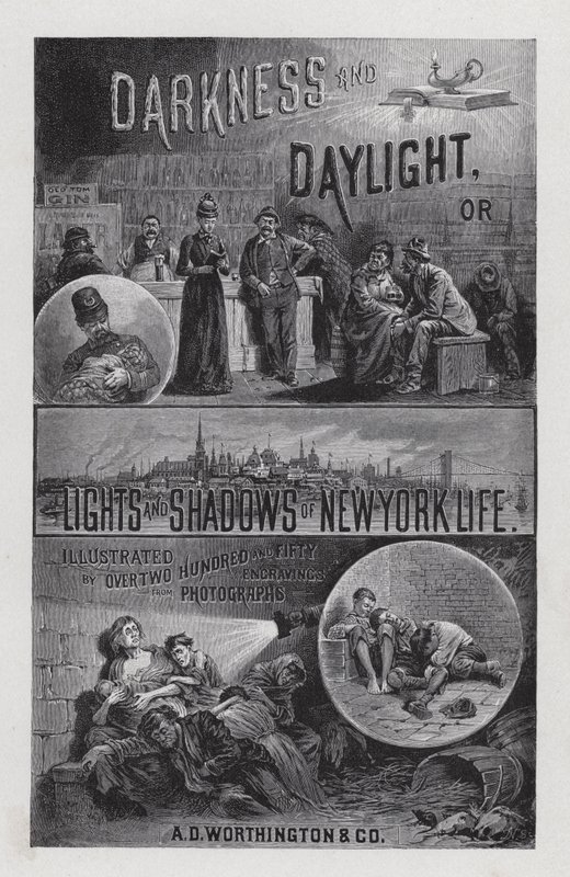 Frontispice for Darkness and Daylight, or Lights and Shadows of New York Life av Mrs Helen Campbell (litho) av American School