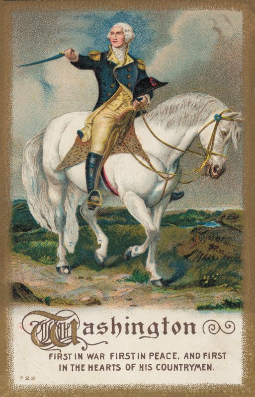 George Washington, på en vit häst (färg litho) av American School