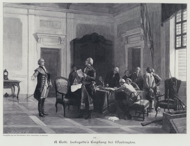 George Washington välkomnar Marquis de Lafayette (gravyr) av American School