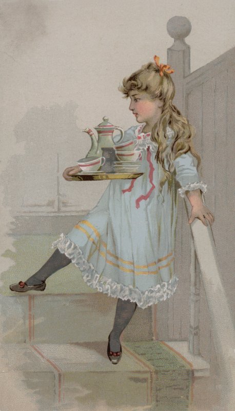 Flicka som bär en kanna kaffe på en bricka av American School