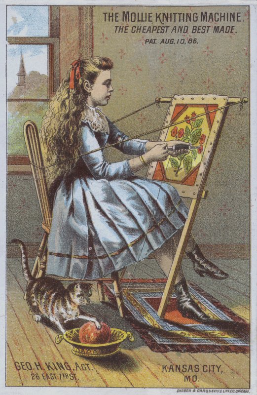 Flicka som använder en stickmaskin (färg litho) av American School