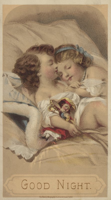 God natt, barn som sover i sängen (chromolitho) av American School