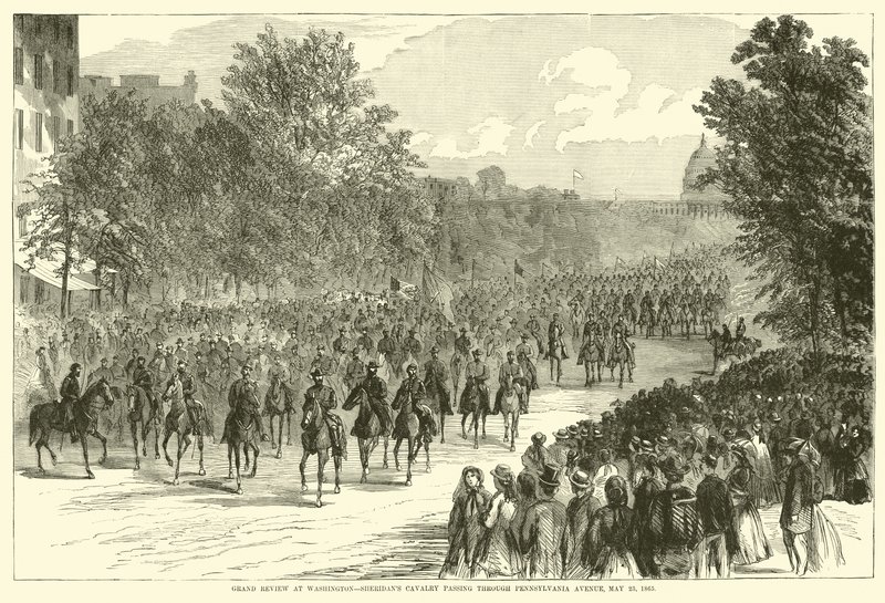 Stor recension i Washington, Sheridans kavalleri som passerar Pennsylvania Avenue, 23 maj 1865, maj 1865 av American School