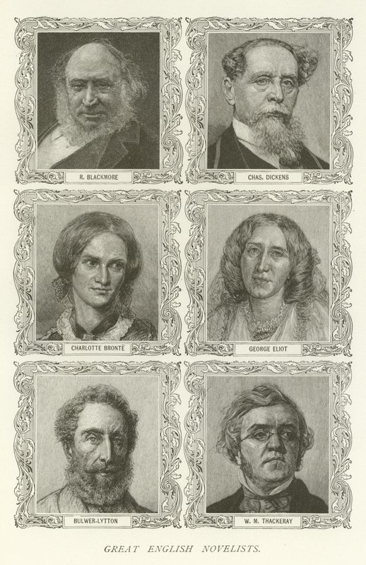 Stora engelska romanförfattare, R Blackmore, Charles Dickens, Charlotte Bronte, George Eliot, Bulwer-Lytton, WM Thackeray av American School