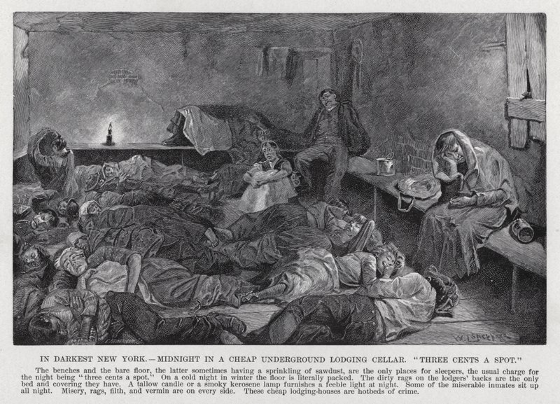 I mörkaste New York, Midnight in a Cheap Underground Lodging Cellar, "tre cent per plats" (litho) av American School