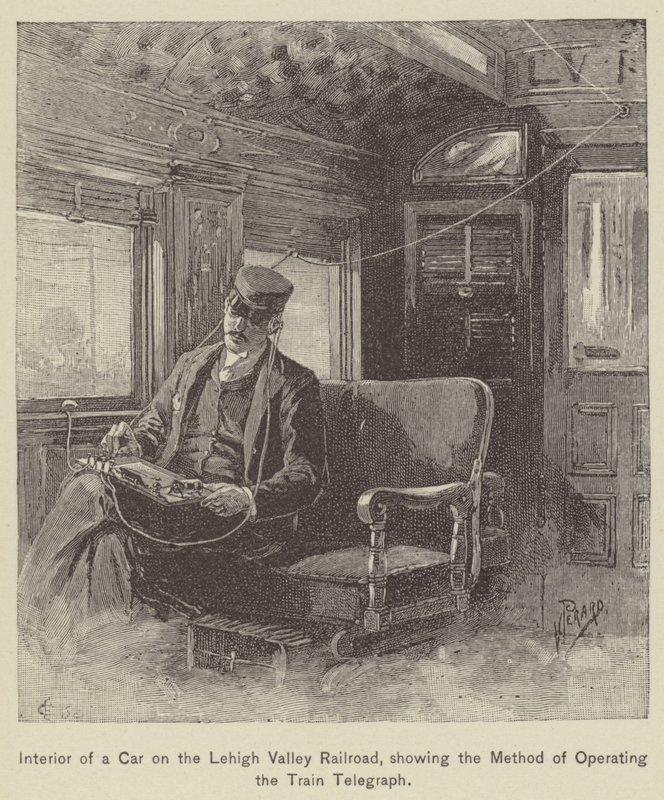Interiör av en bil på Lehigh Valley Railroad, som visar metoden för att köra tågetelegrafen (gravyr) av American School