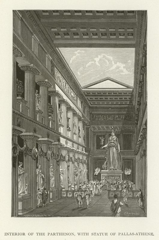 Interiör av Parthenon, med staty av Pallas-Athene av American School