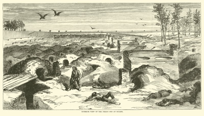Interiörvy av Prison Pen vid Millen, november 1864 av American School