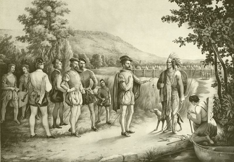 Jacques Cartier, hans första intervju med indianerna vid Hochelaga nu Montreal 1535, ca 1850 av American School