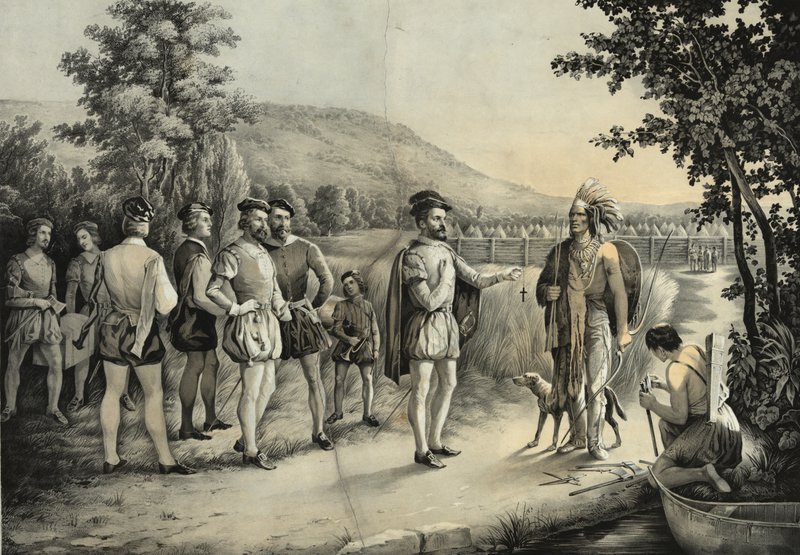 Jacques Cartier, hans första intervju med indianerna vid Hochelaga nu Montreal 1535, ca 1850 av American School