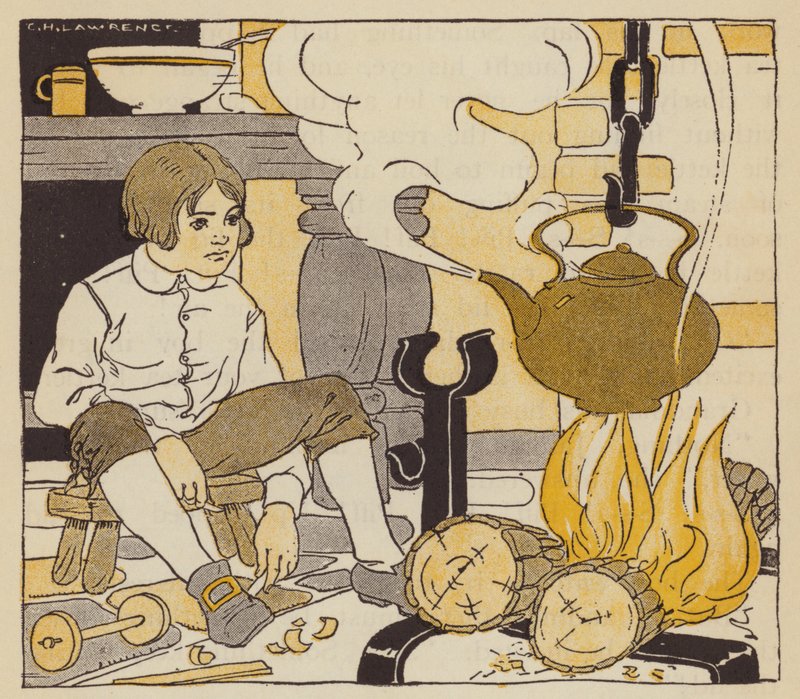 James Watt tittar på sin mormors tekokare koka (färg litho) av American School