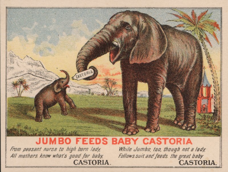 Jumbo matar bebisen Castoria, reklam för Fletchers Castoria-medicin, med P T Barnums berömda cirkuselefant av American School