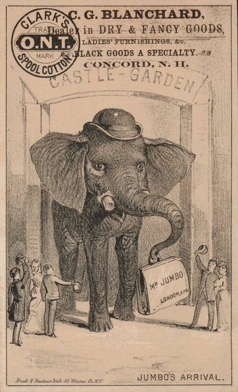 Jumbos ankomst, reklam för Clarks spolebomull, med P T Barnums berömda cirkuselefant av American School