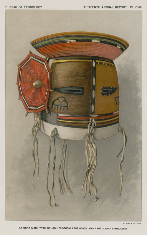 Katcina Mask med Squash Blossom Bihang och Regn Moln Symbolism av American School