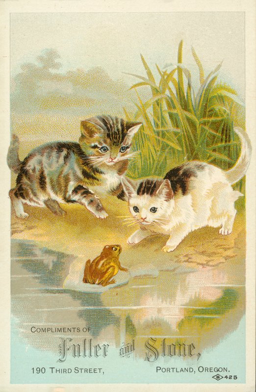 Kattungar möter en groda (chromolitho) av American School