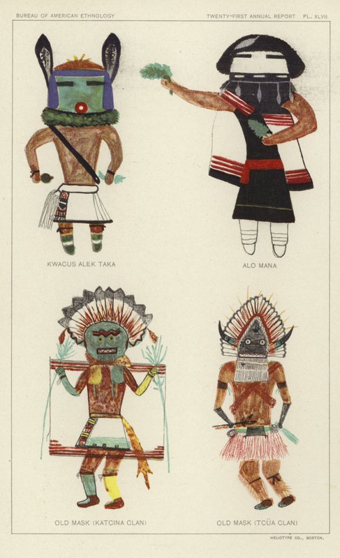 Kwacus Alek Taka, Alo Mana, Gammal mask (Katcina-klanen), Gammal mask (Tcua-klanen) (färglitografi) av American School
