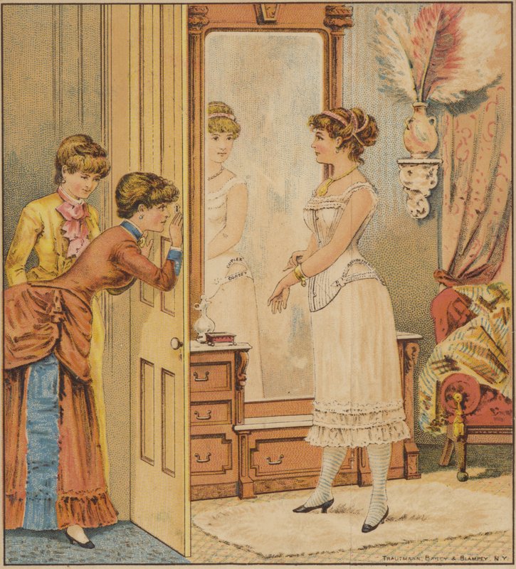 Lady beundrar reflektion i spegeln bär under plagg av American School