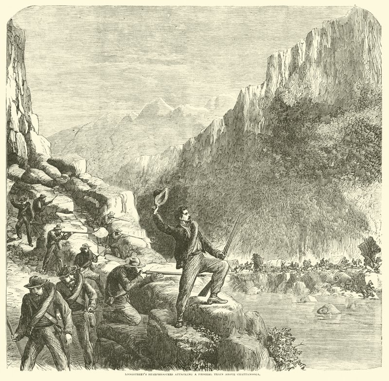 Longstreets skarpskyttar attackerar ett federalt tåg ovanför Chattanooga, oktober 1863 av American School