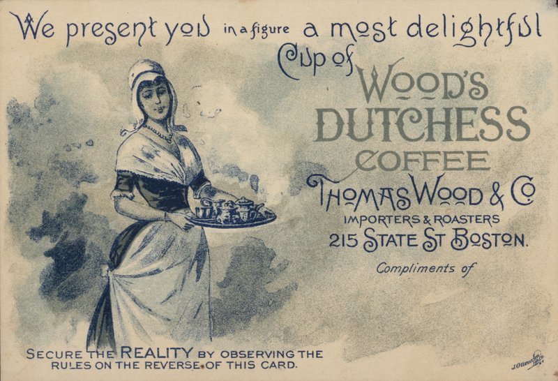 Hembiträde som serverar kaffe, annons för Woods Duchess Coffee, Boston av American School