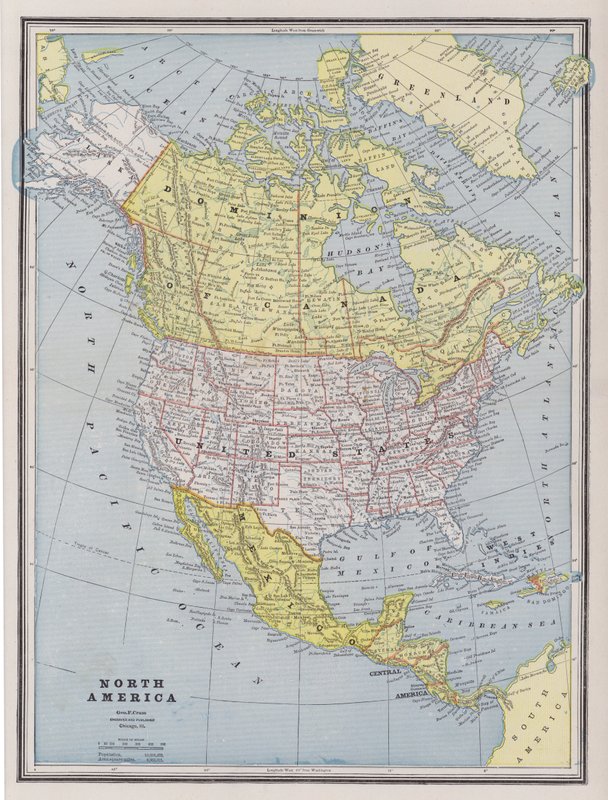 Karta över Nordamerika (färgad gravyr) av American School