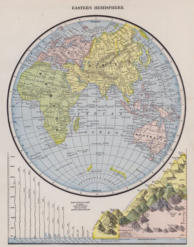 Karta över det östra halvklotet (färgad gravyr) av American School